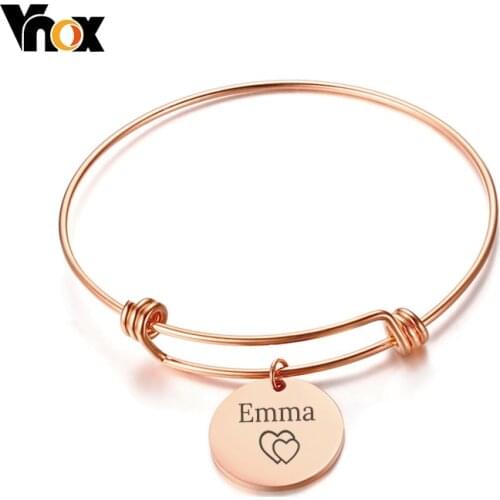 Vnox Coin Charm Expendable Bangle Bracelet Free Custom Engraving Name Love Stainless Steel Best Friendship Personalized Gift