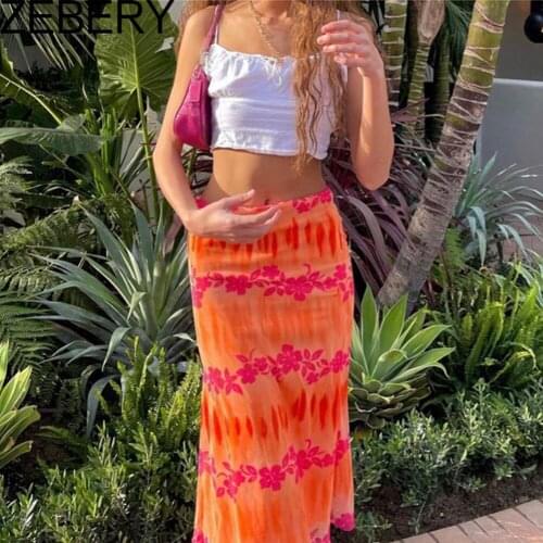 ZEBERY Summer Women Boho Beach Casual Style Skirts Female High Waist Floral Printing Orange Midi Skirt Party Holiday Clothing
