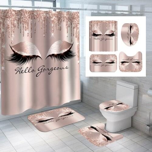 3D Girly Rose Gold Charm Eyelashes Curtain Shower Beautiful Curtains Set For Bathroom With 12 Hooks Adults Kids Bath Decor Home