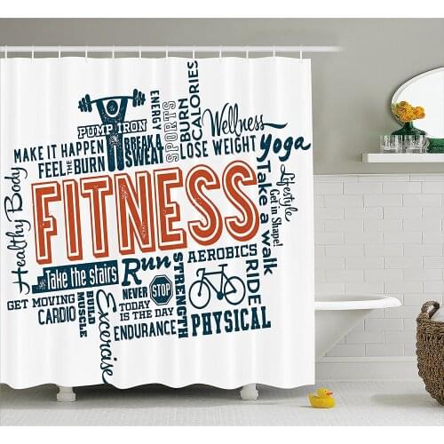 Fitness Shower Curtain Fitness Related Words with Retro Style Typography Active Lifestyle Waterproof Curtains Home Bathtub Decor