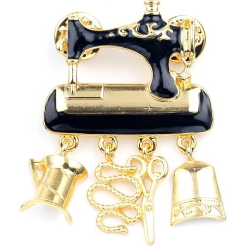 Black Enamel Sewing Machine Brooches for Women with Scissors Fashion Gold Color Cute Lapel Badge Pins Coat Bag Jewelry Statement