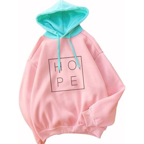 Women Fleece Hoodies Casual Streetwear Harajuku Funny HOPE Letter Print Drop Shoulder Contrast Color Patchwork Hooded Sweatshirt