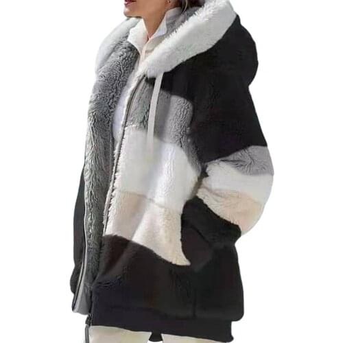Fashion Plus Size Jacket Women Autumn Winter Long Sleeve Color Block Zipper Fluff Hooded Women Warm Coat Jacket 2021