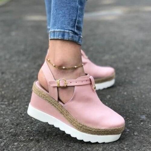 Women Sandals Wedge Shoes Woman Vintage Buckle Strap Straw Thick Bottom Flats Platform Sandal Flock Female Shoes Summer 2021 Hot