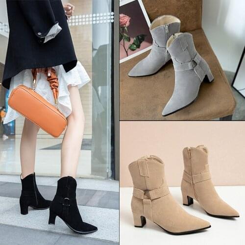 2020 Fashion Women Boots Winter Zipper Retro Buckle Shoes Pointed Toe Thick Heel Ankle Boots High Heels Shoes Plus Size 31 32 43