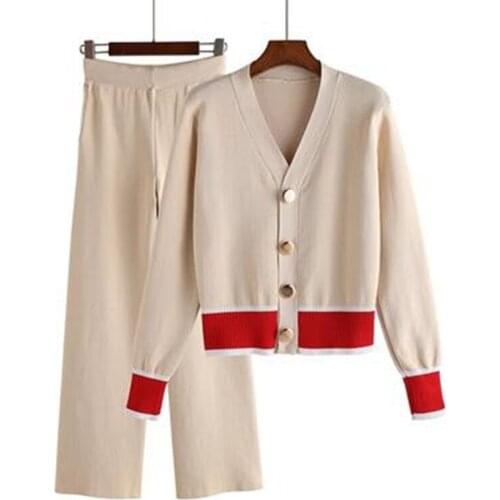 2019Women Tracksuit Set Elegant Style Cardigan Sweater Sets Knit Wide leg Long Pants Suits Chic Two Piece Suit Casual Sweatsuits