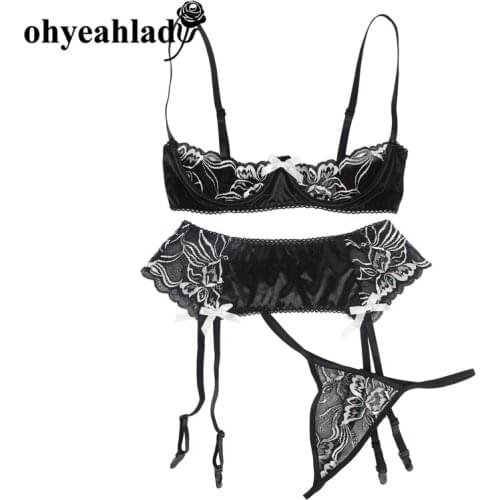 Ohyeahlady Lencería Mujer 3Pcs Lingerie Set Mini Underwired Push Up Shelf Bra with Garter Belt and Cheeky Thong Briefs RJ80319