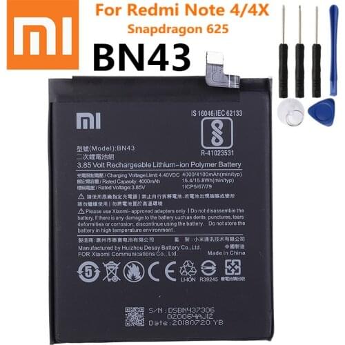 100% Original Xiaomi Redmi Note 4 4X 4 X 4100mAh BN43 For Xiaomi Global Snapdragon 625 Battery Batterie Bateria Smart Phone