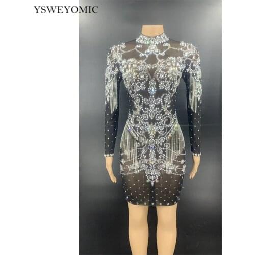 Sparkly Silver Rhinestones Chains Party Dress Black Stones Fringes Lady Singer Evening Birthday Stage Sexy Transparent Dresses