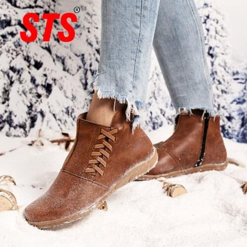 STS Womens Casual Boots Flats Bottom Zipper Leather Vintage Fashion Short Boot Comfortable Soft Outdoor Footwear Plus Size