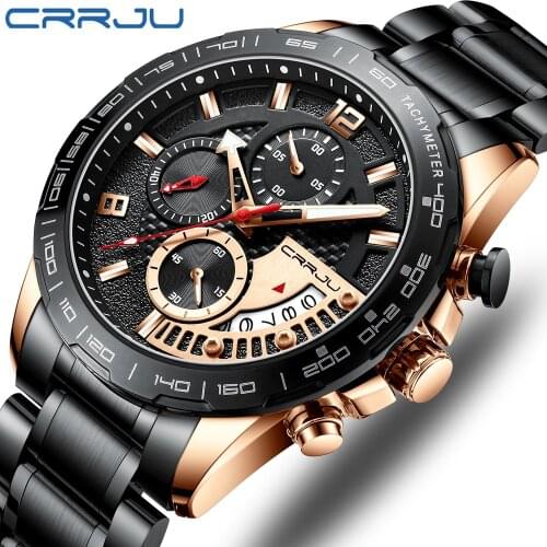 CRRJU Watches Business Men Relogio Masculino Luxury Chronograph Waterproof Stainless Steel Strap Quartz Black Rose Wristwatch