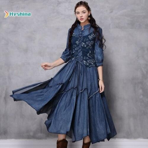 New Print Irregular Denim Dress Retro Mid Sleeve Dress