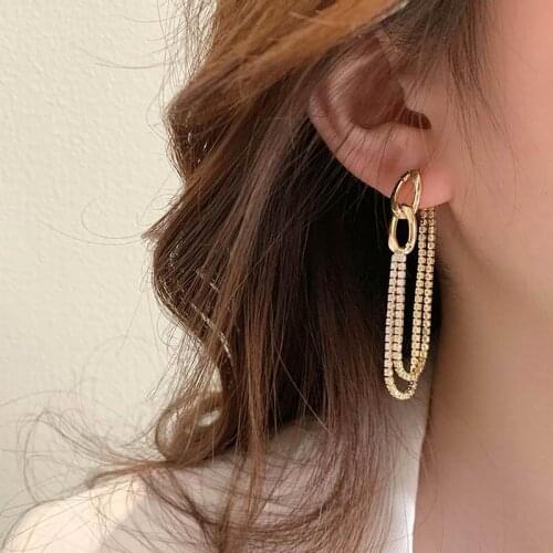 Statement Hanging Long Earrings 2021 New Fashion Metallic Zircon Paved Chain Earings Jewelry For Women