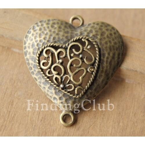 10 pcs Filigree Hammered Heart Connector Charms With Two Loops 29x33mm