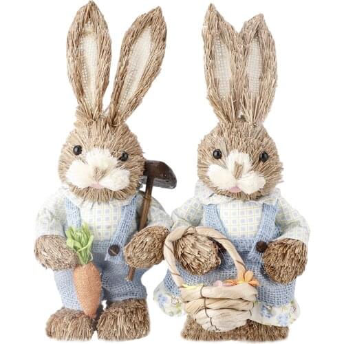 Artificial Straw Bunny Standing Rabbit with Carrot Home Garden Decoration Easter Theme Party Supplies 34*11*9cm