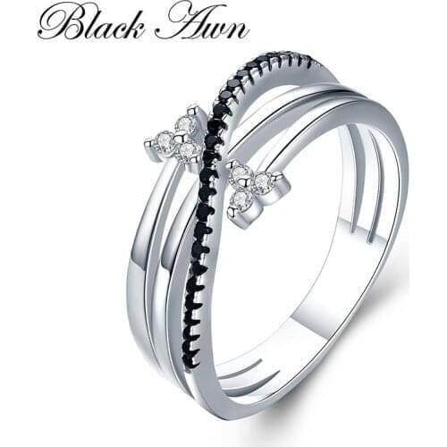Romantic 925 Sterling Silver Fine Jewelry Bague Row Black Spinel Leaf Wedding Ring for Women Bijoux G005