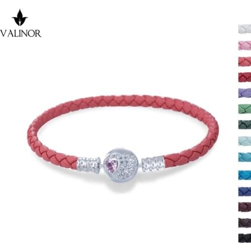 12 colors available Leather bracelet with Pink heart shaped zircon lock 925 Sterling Silver Bracelets BZSL002