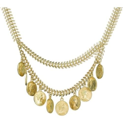 Hot Gold Tone Fish Bone Chain Queen Coin Tassel Multi-layer Choker Necklace Short Design For Women