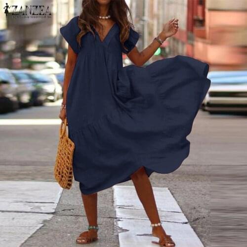 Fashion Tunic Maxi Dress Womens Summer Sundress ZANZEA 2021 Sexy V Neck Asymmetrical Vestidos Female Ruffle Robe