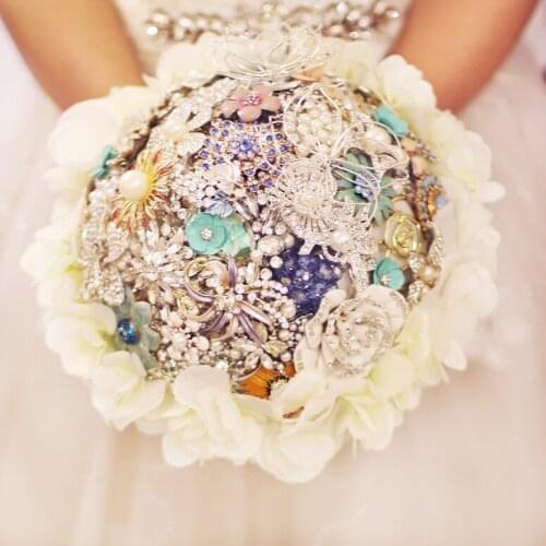 Mint Green Wedding bridal brooches bouquet White hydrangea surround brides bouquet, Pearl crystal Jewelry brooch bouquet decor