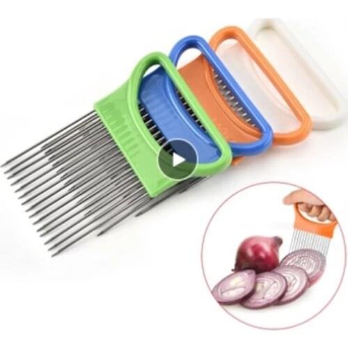 Stainless Steel Onion Needle Onion Fork Vegetables Fruit Slicer Tomato Cutter Cutting Safe Aid Holder Kitchen Accessories Tools