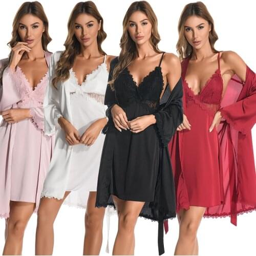 New High-End Womens Simulation Silk Sling Nightdress Lace Soft Ladies Ice Silk Nightgown Bathrobe Home Service 2-Piece Suit