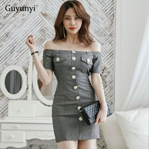 Gray Elegant Mini Dress 2021 Summer Sexy Off The Shoulder Slash Neck Single Row Decorative Buttons High Waist Tight Dress Women