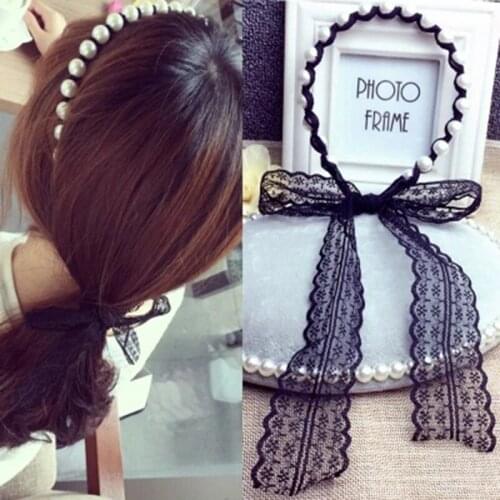 Korea Fashion Women Girls Pearl Headband Lace Hair Bows Long Ribbon Hair Hoop Bohemian Hairbands Womens Hair Accessories