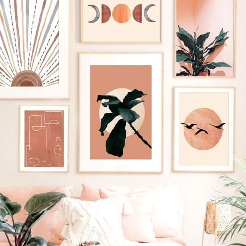 Self-adhesive Wall Sticker Moon Plant Orange Wall Art Wallpapers Painting Nordic Posters Prints Wall Pictures Living Room Decor
