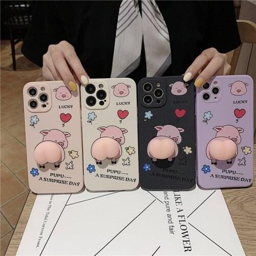 Happy Cartoon Pink Pig Soft TPU Phone Case for iPhone 12 Pro Max XR 8 Plus Relive Stress Pop Fidget Back Cover