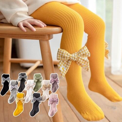 3-12 Yrs Children Spring Autumn Winter Big Bowknot Tights Cotton Baby Girls Pantyhose Kids Infant Knitted Collant Tights