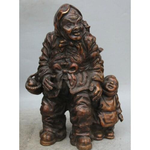 USPS to USA S2067 12" Chinese Bronze Stand people grandma granny Grandson Tong Zi Boy Lad Statue