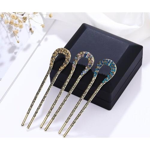 Vintage Hair Accessories Antique Bronze Plated Hairpins U shape Hair Stick Pin Women Rhinestone Flower Hair Jewelry