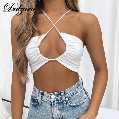 Dulzura Solie Women Crop Top Straps Camis Lace Up Cross Hollow Out Bodycon Sexy Streetwear 2021 Spring Summer