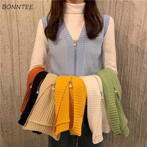 Vests Womens Retro Spring All-match Fashion Soft New V-neck Simple Chic Solid Fit Clothing Elegant Sweet Zipper Ulzzang Ladies