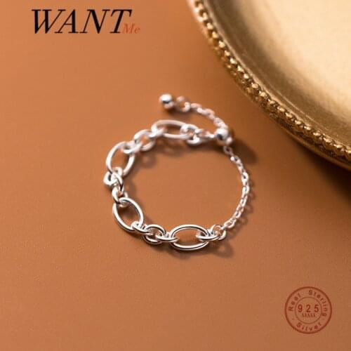 WANTME Genuine 925 Sterling Silver Fashion Korean Geometric Cuban Link Chain Adjustable Bead Ring for Women Rock Unisex Jewelry