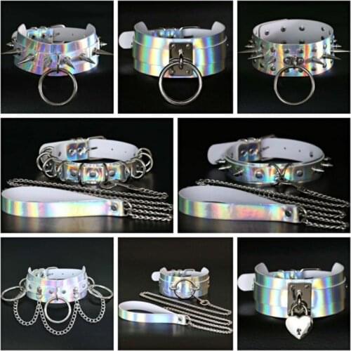 Punk Laser Luminous Choker Necklace Women Jewelry Boho Pu Leather Leash Necklace Chain Emo Clubwear Gothic Goth Clothes Harajuku