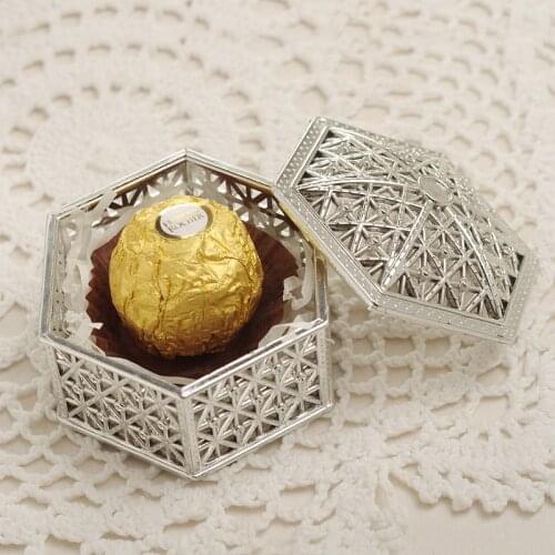 12pcs/lot Vintage gold and silver hexagonal candy box plastic openwork pattern wedding gift candy box