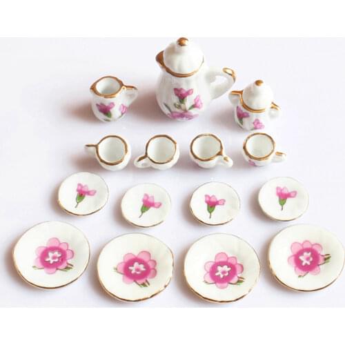 15Pcs 1/12 Dollhouse Miniature Dining Ware Rose Flower Porcelain Tea Set Kitchen Pretend Classic Toys for Kids Dolls Accessory