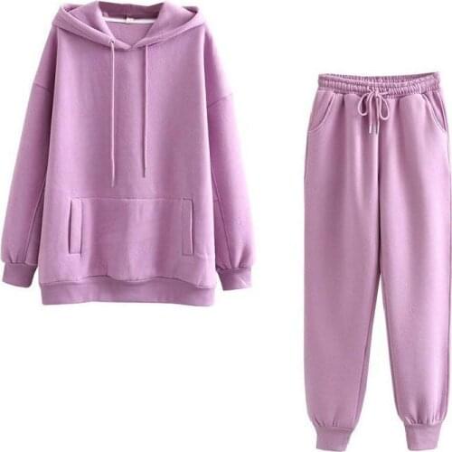 2020 Autumn Winter Women Casual Sweatsuit Solid Long Sleeve Outfit Hoodie and Jogger Set 2 Pieces Fleece Tracksuit
