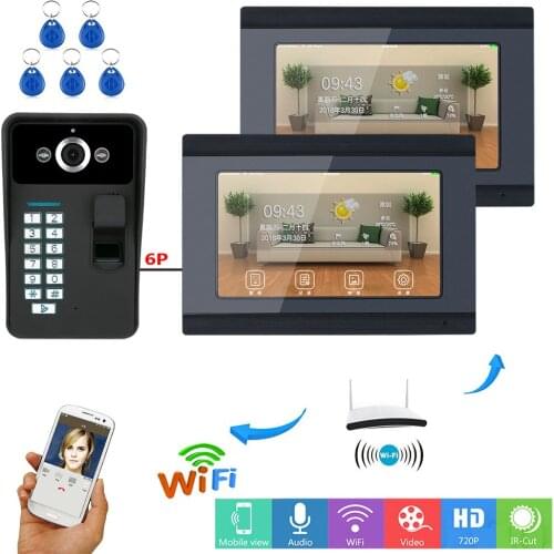 2 Monitors Fingerprint RFID Password 7 Inch LCD Wifi Wireless Video Door Phone Doorbell Intercom HD Camera System APP Control