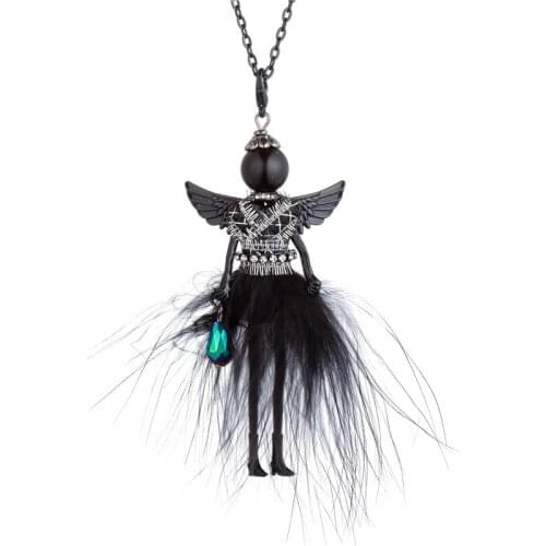 Black White Feather Fur Dress Dancing Doll Statement Necklace&Pendant Angel Wing Girl Handmade Jewelry For Women Collier Femme