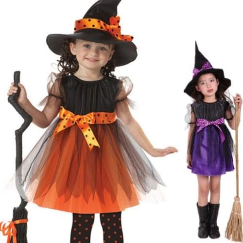 EDCRFV Children Girl Witch Cosplay Costume Kids Short Sleeve Dress with Polka Dot Ribbon Pointed Hat Halloween Fairytale Party
