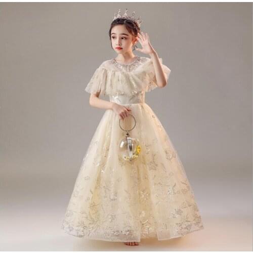 Elegant Champagne Formal Dress Girls Clothing Flower Girls Wedding Evening Clothes Kids Dresses for Princess Party Long Gown