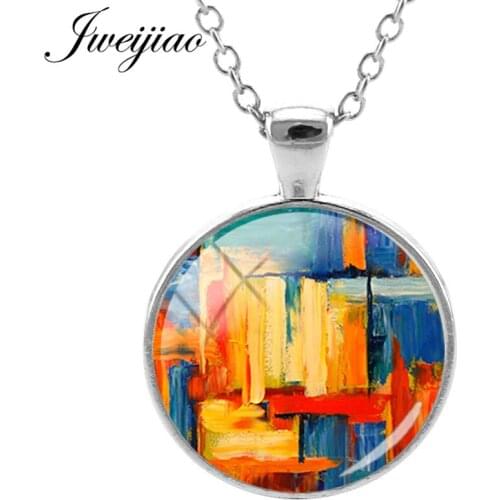 JWEIJIAO Colorful Digital Abstract Oil Painting Necklaces Glass Gem Sweater Chain Party Jewelry For Art teacher Friend Gift PT26