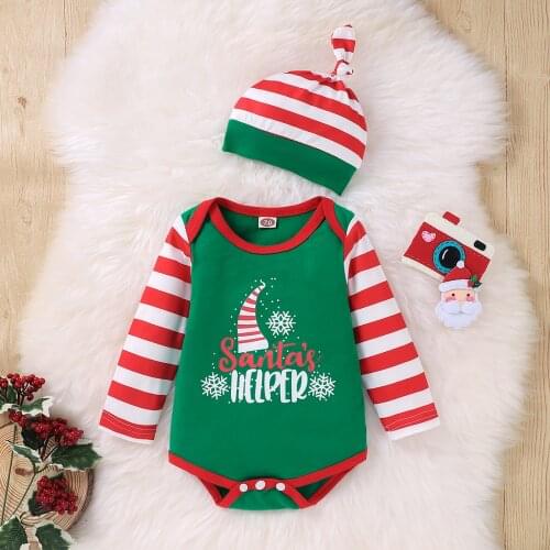 Letter Print Striped Long Sleeve Patch Romper+Long Pants+Headband Costume 3pcs 2021 0-18M Infant Baby Girl Clothing Set Xmas
