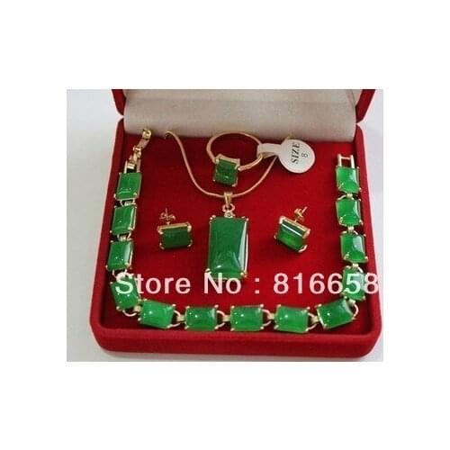 Real Natural green jade jewelry necklace pendant bracelet earrings ring set