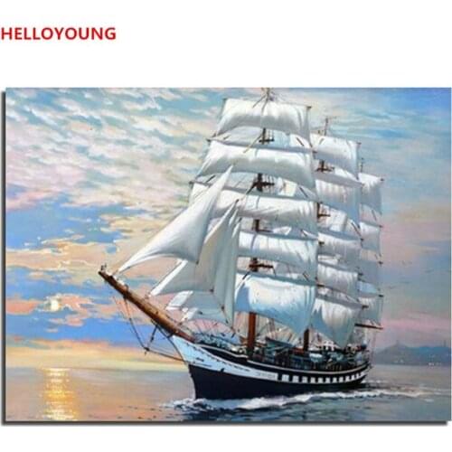 Ship Sailing Painting By Numbers Modern Sunset Ocean DIY Digital Wall Art Picture For Home Decor Scenery Oil Painting 40x50cm