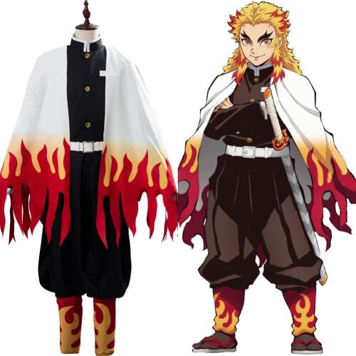 Demon Slayer Cosplay Kimetsu no Yaiba Rengoku Kyoujuro Cosplay Costume Outfit With Cloak Full Suit