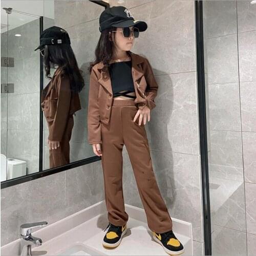 2021 Korea style girls 2 pcs set blazer+long pants cotton fashion autumn girls suit 4-9t B622